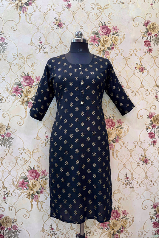 Women's Black Ryan Cotton Kurti – Subtle Glamour with Golden Butti Print