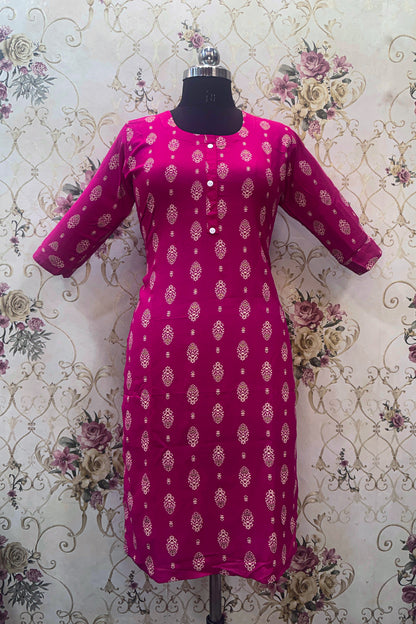 Women's Magenta Ryan Cotton Kurti – Festive Bloom Print with Elegant Button Detail