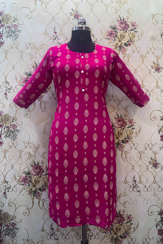 Women's Magenta Ryan Cotton Kurti – Festive Bloom Print with Elegant Button Detail