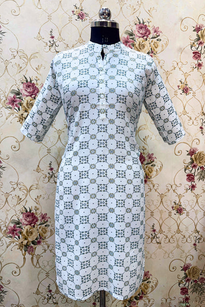 Women's White & Olive Green Printed Ryan Cotton Kurti – Elegant Minimalism with Mandarins & Florals