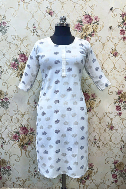 Women's White Ryan Cotton Kurti – Subtle Mughal Motif Elegance with Scoop Neckline