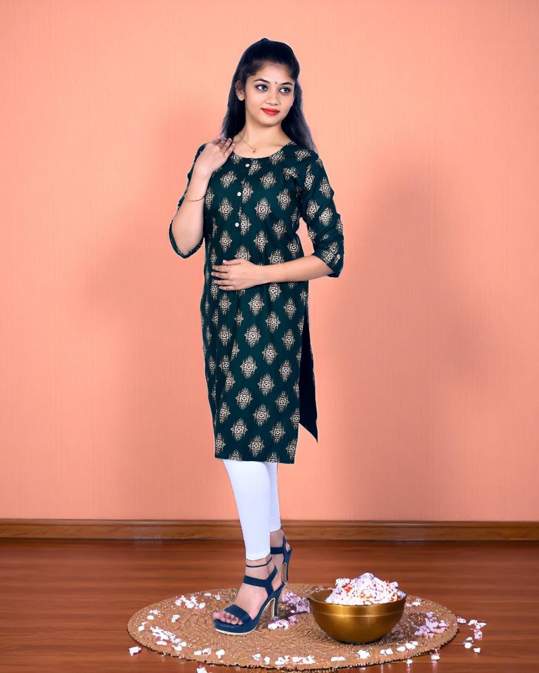 Dark Teal Cotton Kurti for Women – Tribal Geometric Print, Round Neck – Ethnic Daily & Office Wear
