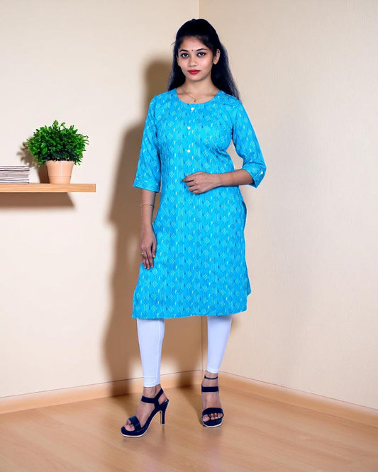 Sky Blue Cotton Kurti for Women – Abstract Line Print, 3/4 Sleeves – Light Casual Summer Wear