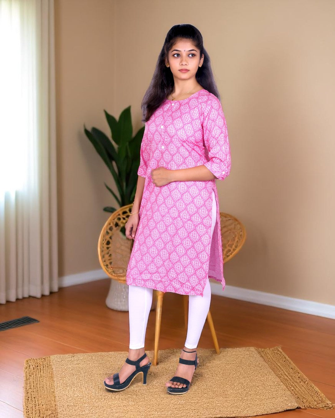 Rose Pink Cotton Kurti for Women – Ethnic Floral Print, Button-Down, 3/4 Sleeves – Daily & Festive Use
