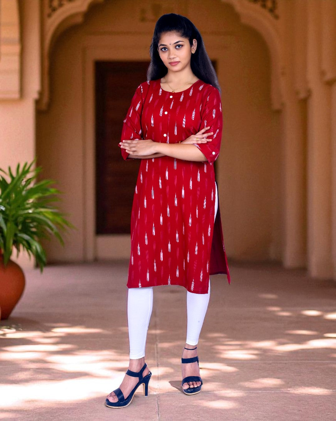 Maroon Cotton Kurti for Women – Minimal White Print, Round Neck, Front Button – Office & Everyday Wear