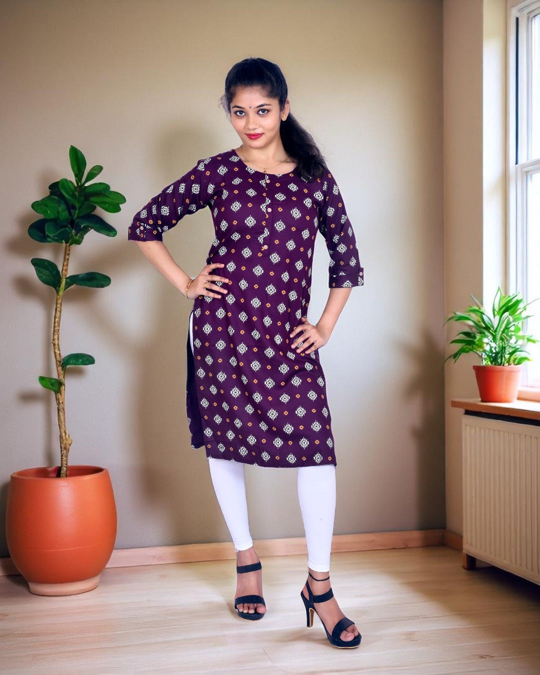 Deep Purple Cotton Kurti – Tribal Print, Wooden Buttons, 3/4 Sleeves – Ethnic Casual Wear for Women