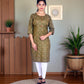 Olive Green Cotton Kurti for Women – Floral & Geometric Print, Red Buttons – Festive & Casual Wear