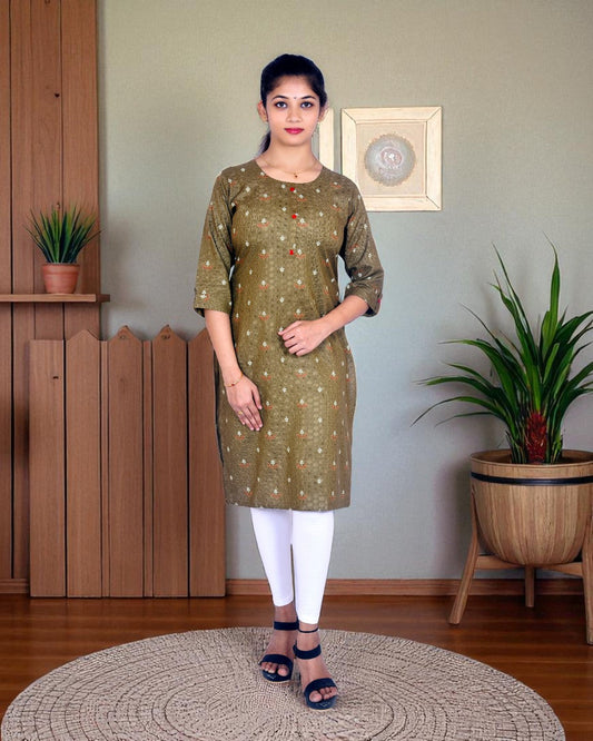 Olive Green Cotton Kurti for Women – Floral & Geometric Print, Red Buttons – Festive & Casual Wear