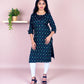 Navy Blue Printed Cotton Kurti – Geometric Block Print, Contrast Buttons – Work & Daily Wear for Women
