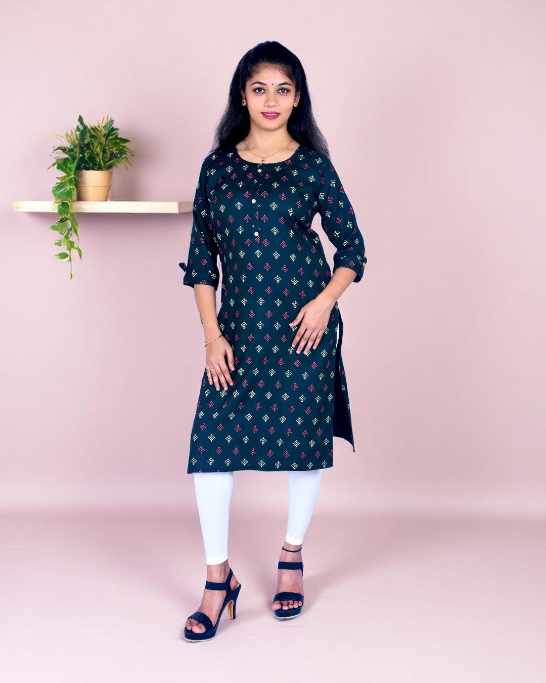 Navy Blue Printed Cotton Kurti – Geometric Block Print, Contrast Buttons – Work & Daily Wear for Women