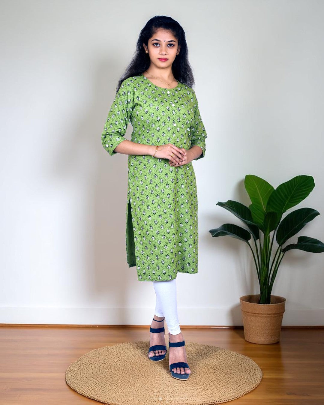 Light Green Printed Cotton Kurti for Women – Floral & Geometric Motifs, Cotton Fabric – Summer Daily Wear