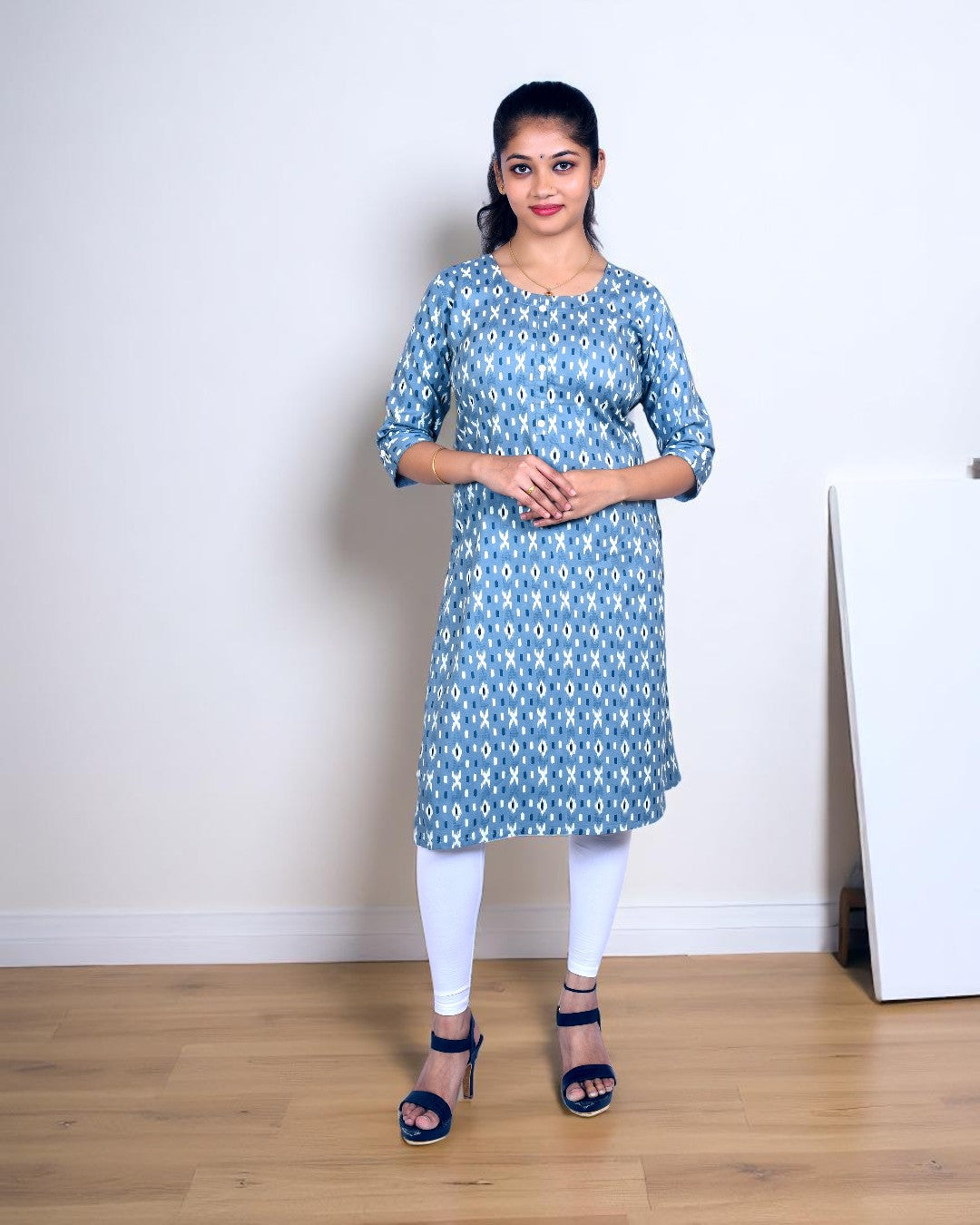 Blue Ikat Print Cotton Kurti – Round Neck, Front Buttons, 3/4 Sleeves – Casual Cotton Kurta for Women