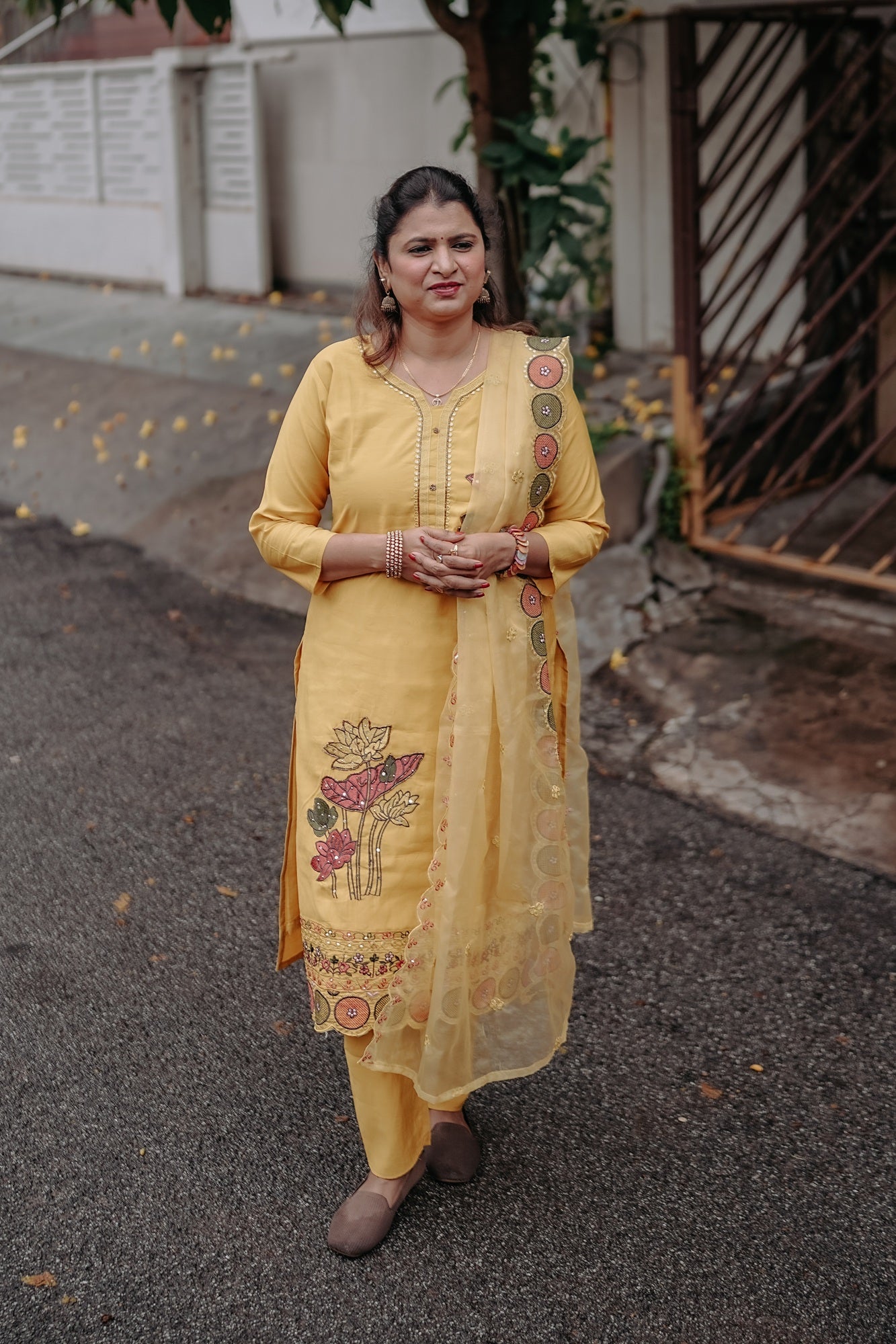 Mustard Yellow Festive Kurta Set with Mirror & Lotus Embroidery – Rang Sootra Radiance