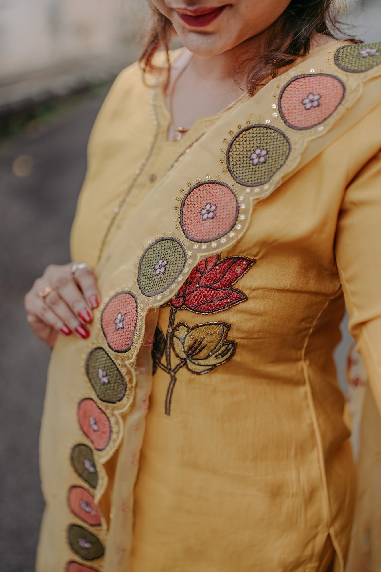 Mustard Yellow Festive Kurta Set with Mirror & Lotus Embroidery – Rang Sootra Radiance