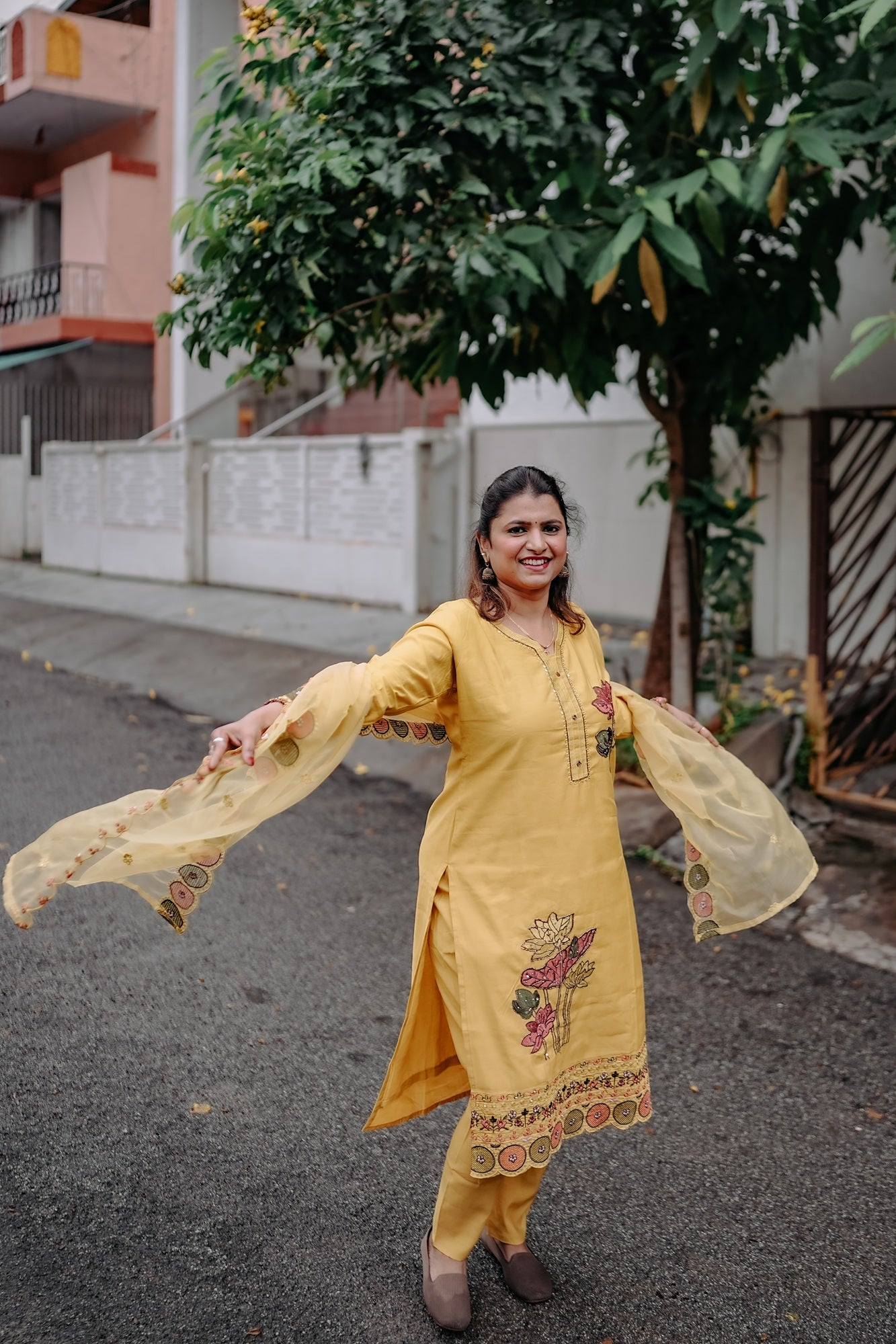 Mustard Yellow Festive Kurta Set with Mirror & Lotus Embroidery – Rang Sootra Radiance