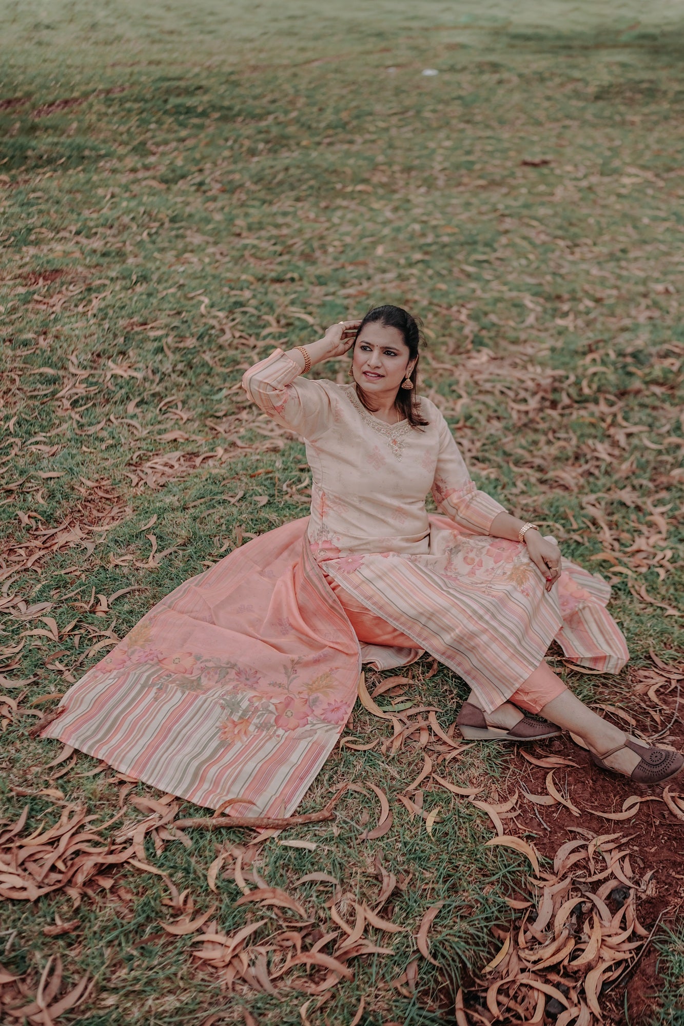 Beige & Rust Festive Kurta Set with Striped Dupatta – Rang Sootra Heritage Chic