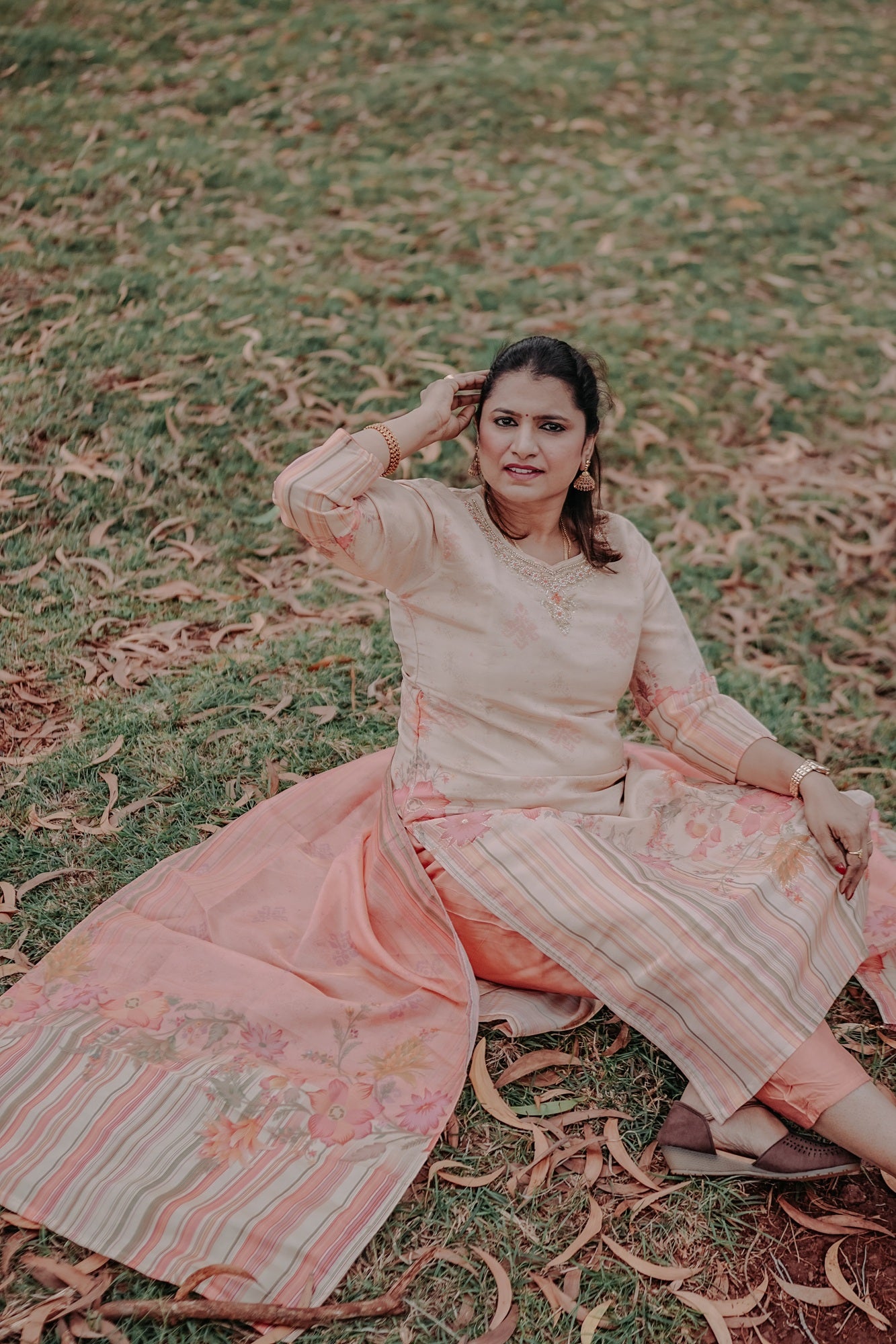 Beige & Rust Festive Kurta Set with Striped Dupatta – Rang Sootra Heritage Chic