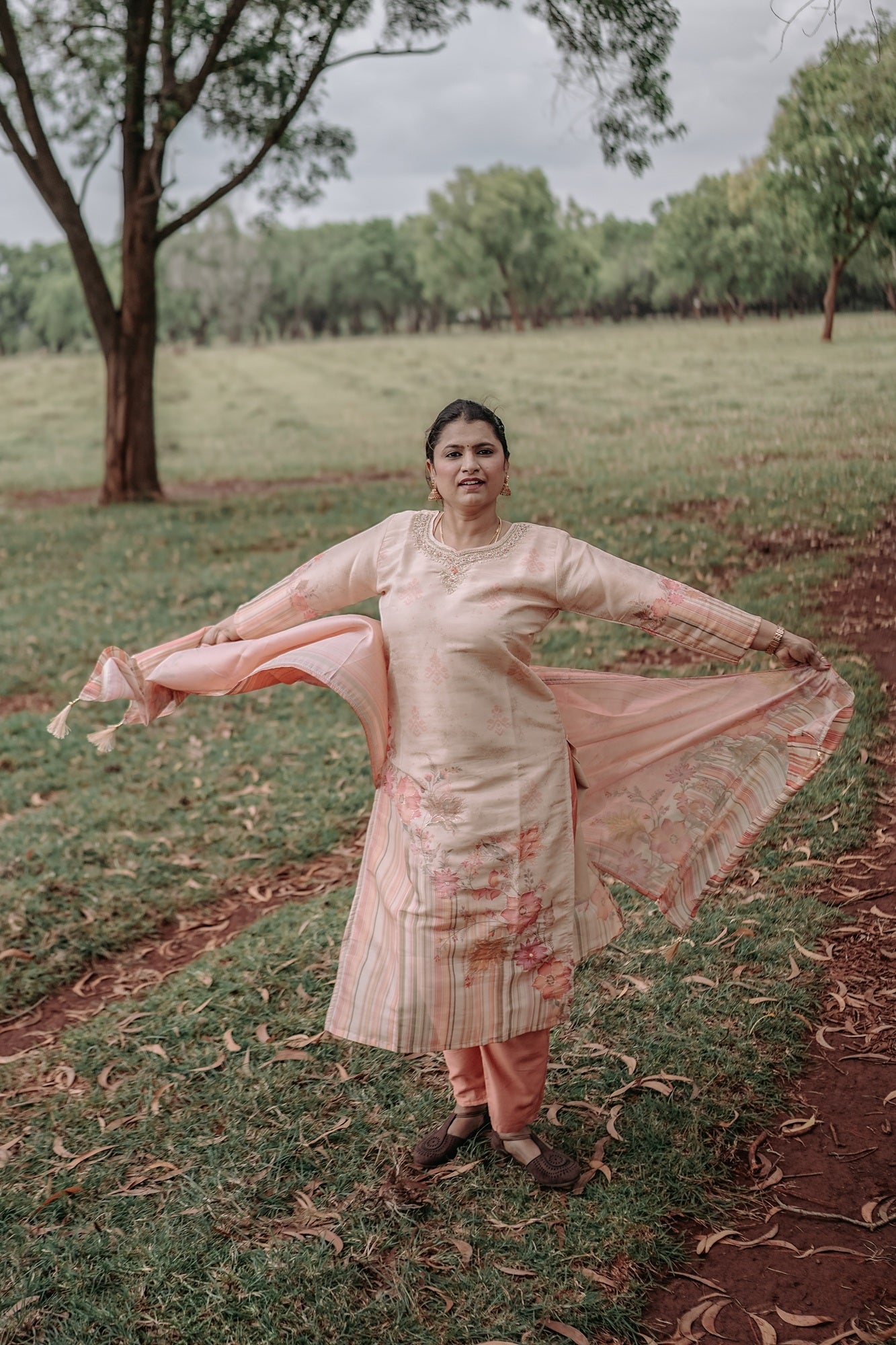 Beige & Rust Festive Kurta Set with Striped Dupatta – Rang Sootra Heritage Chic