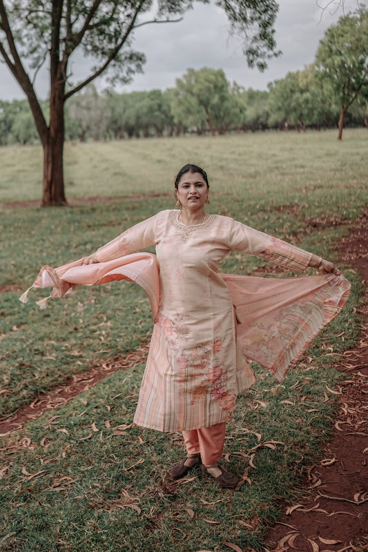 Beige & Rust Festive Kurta Set with Striped Dupatta – Rang Sootra Heritage Chic