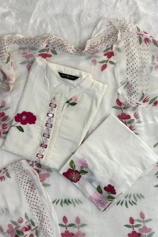 White Embroidered Mirror-Work Festive Kurta Set – Rang Sootra Charm