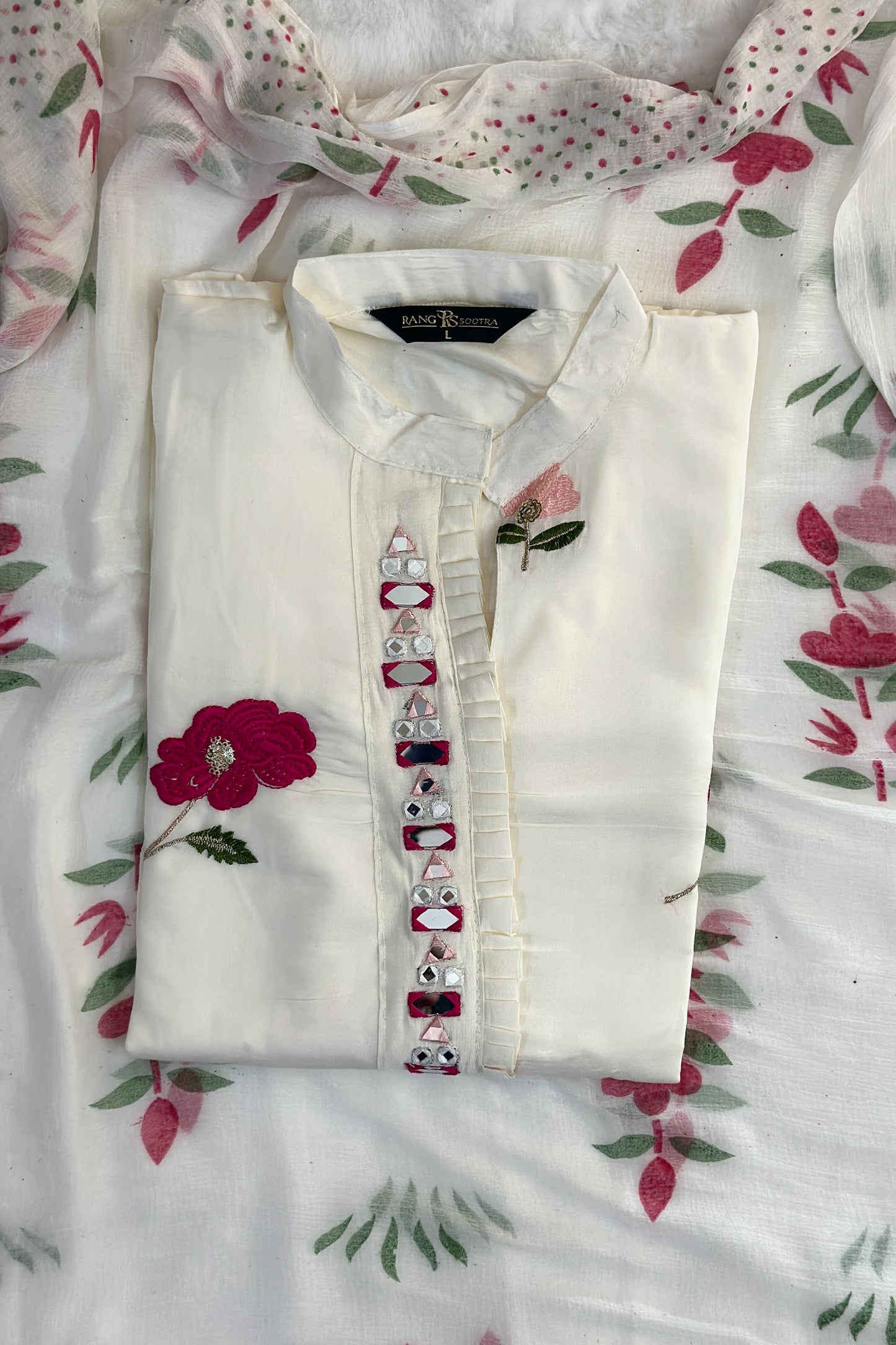 White Embroidered Mirror-Work Festive Kurta Set – Rang Sootra Charm