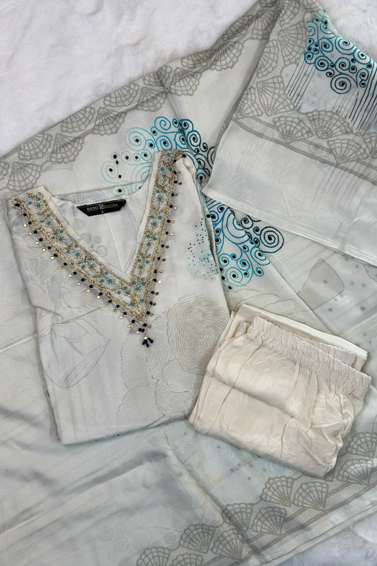 Ivory & Aqua Embroidered Festive Kurta Set – Rang Sootra Serenity