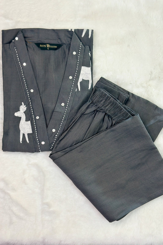 Women’s Grey Embroidered Co-ord Set – Classic Elegance with a Twist