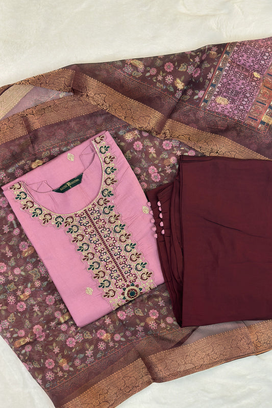 Pastel Pink Festive Kurta Set with Embroidered Neckline & Wine Dupatta – Rang Sootra Charm