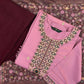 Pastel Pink Festive Kurta Set with Embroidered Neckline & Wine Dupatta – Rang Sootra Charm