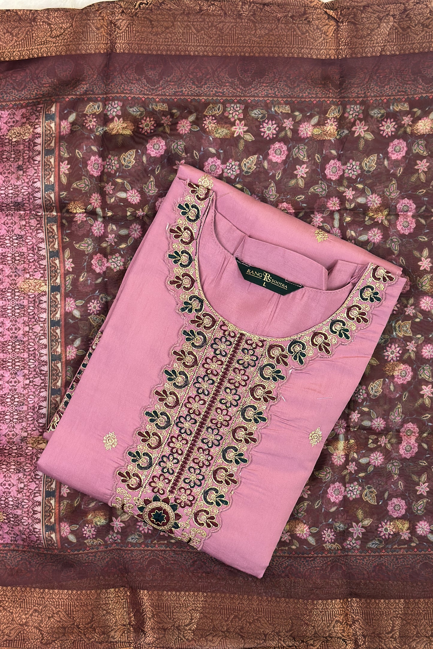 Pastel Pink Festive Kurta Set with Embroidered Neckline & Wine Dupatta – Rang Sootra Charm