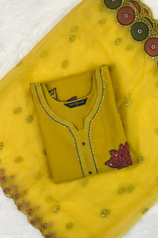 Mustard Yellow Festive Kurta Set with Mirror & Lotus Embroidery – Rang Sootra Radiance