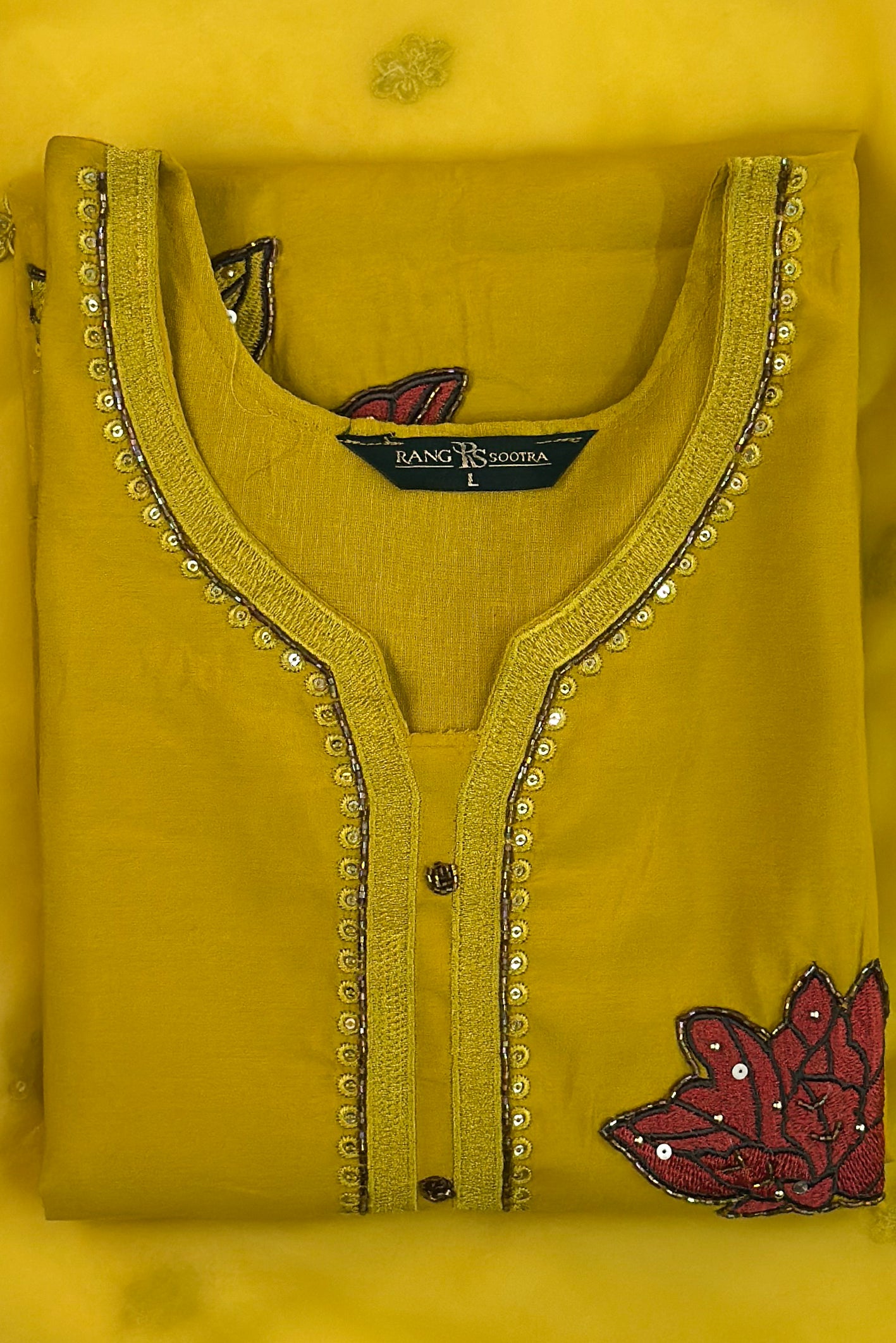 Mustard Yellow Festive Kurta Set with Mirror & Lotus Embroidery – Rang Sootra Radiance