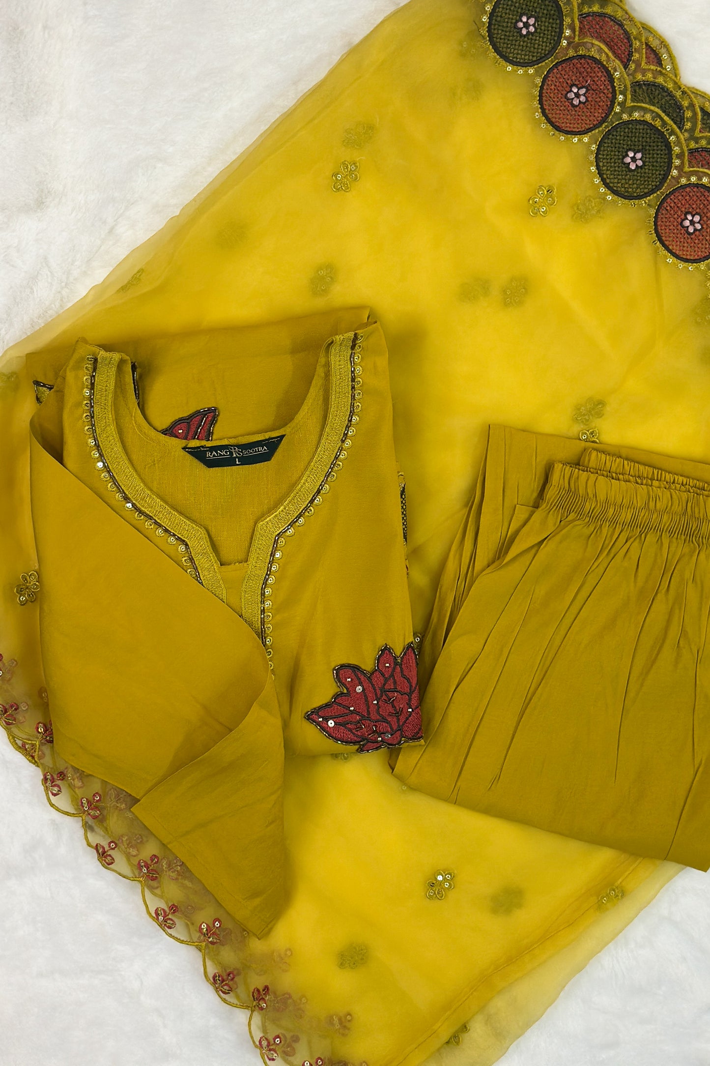 Mustard Yellow Festive Kurta Set with Mirror & Lotus Embroidery – Rang Sootra Radiance