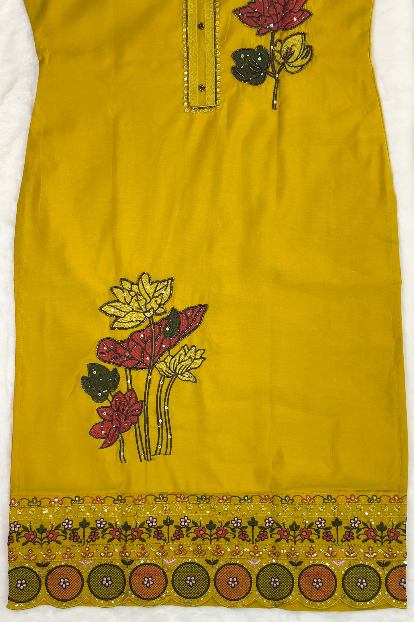 Mustard Yellow Festive Kurta Set with Mirror & Lotus Embroidery – Rang Sootra Radiance