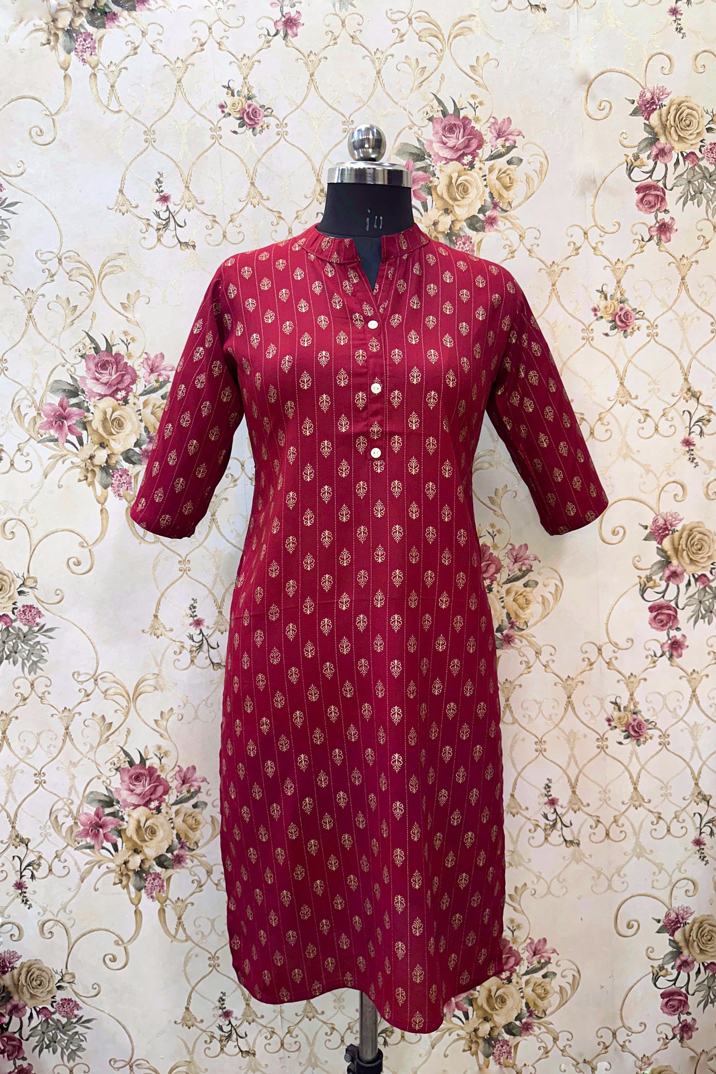 Women's Maroon Ryan Cotton Kurti – Vertical Elegance with Mughal-Inspired Motifs