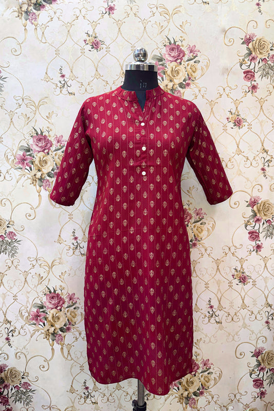 Women's Maroon Ryan Cotton Kurti – Vertical Elegance with Mughal-Inspired Motifs