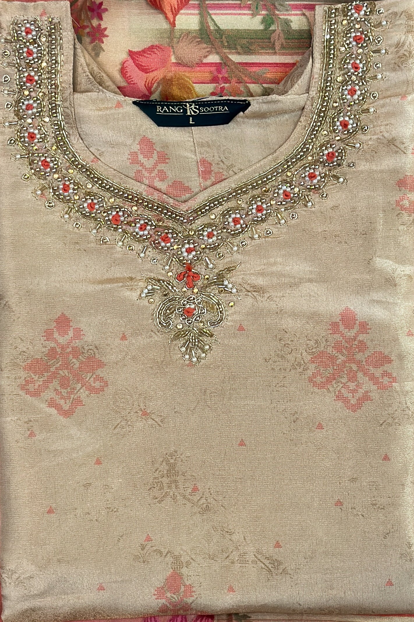 Beige & Rust Festive Kurta Set with Striped Dupatta – Rang Sootra Heritage Chic