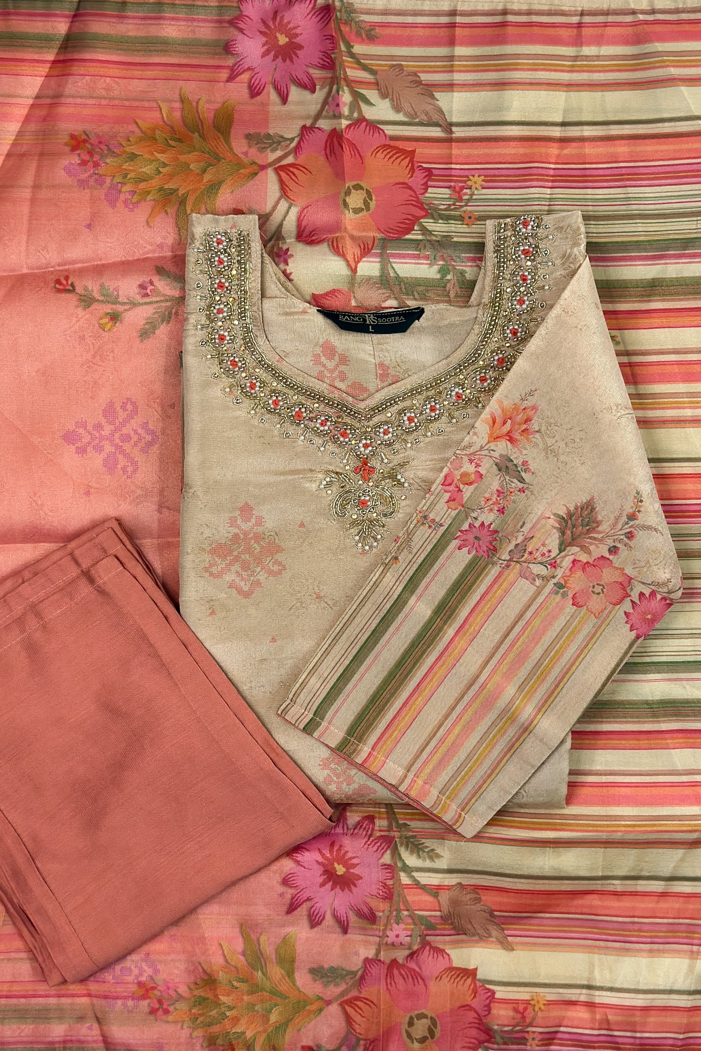 Beige & Rust Festive Kurta Set with Striped Dupatta – Rang Sootra Heritage Chic